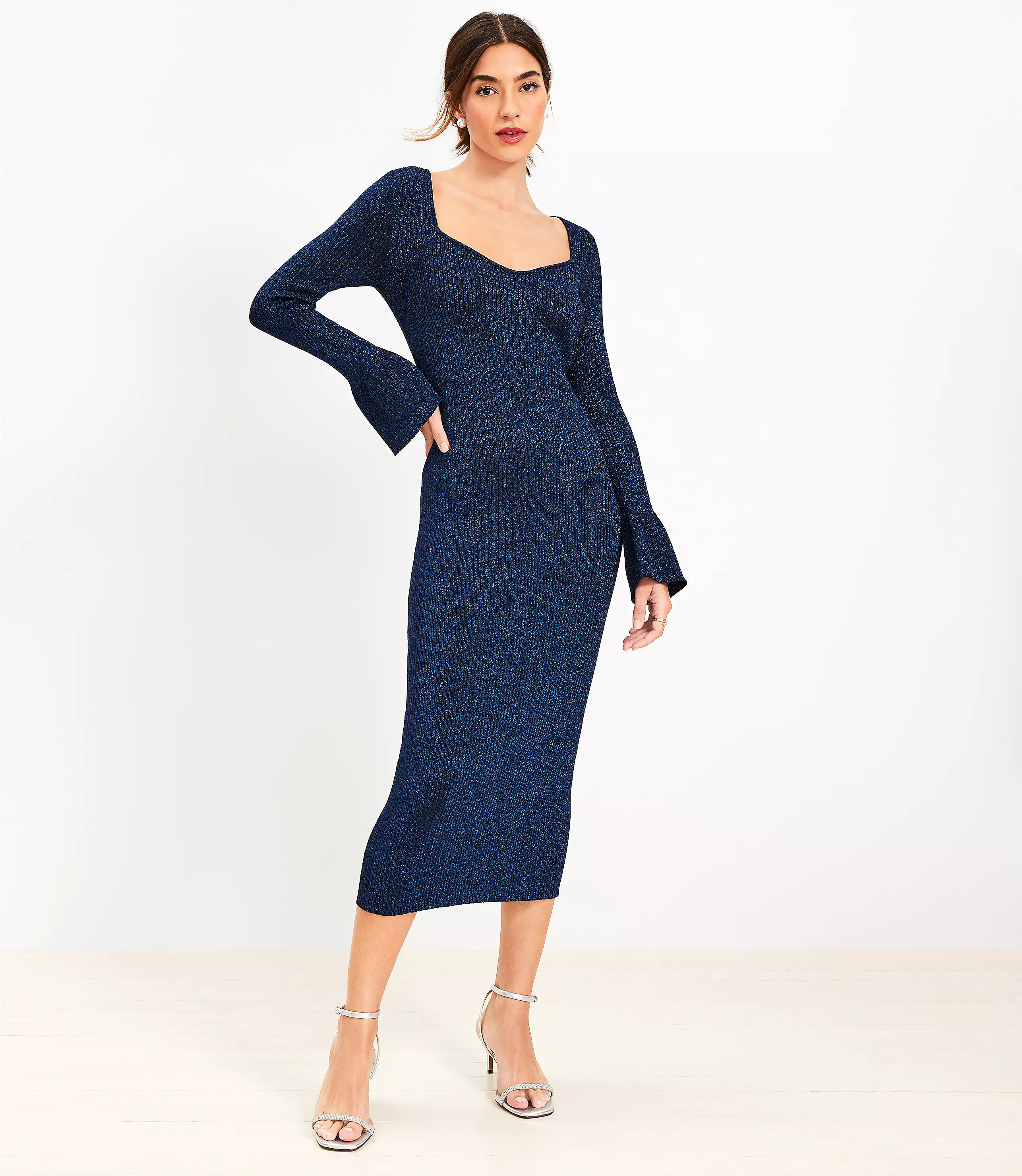 Ribbed Trumpet Sleeve Midi Sweater Dress | LOFT