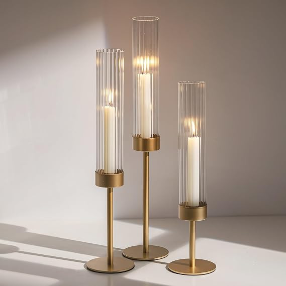 Glasseam Gold Hurricane Taper Candle Holders, 3 Pcs Candlestick with Glass | Ribbed Cylinder Cove... | Amazon (US)