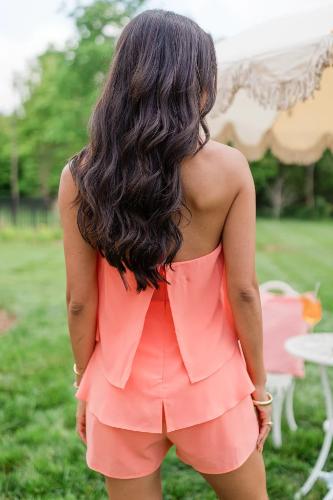 Sundown Serenity Orange Strapless Zip Up Romper | Pink Lily