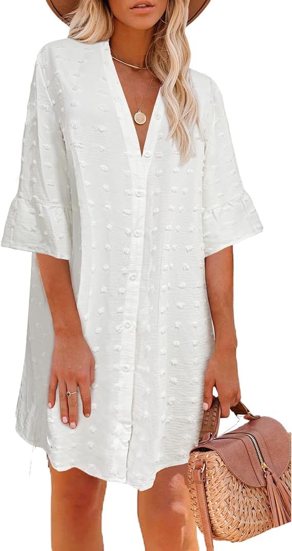 ELESOL Women's Swimsuit Coverup Button Down Beach Cover Ups Shirt Dress Summer Casual Oversized V... | Amazon (US)