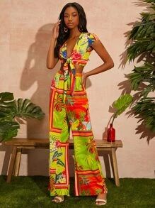 SHEIN Tropical And Figure Graphic Tie Front Top And Pants Set
   SKU: sw2111094094915001      
  ... | SHEIN