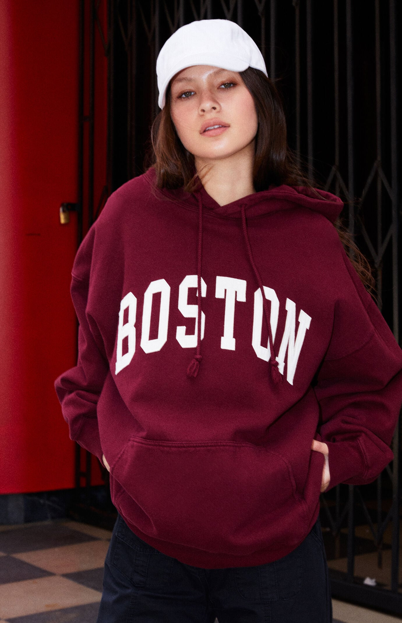 John Galt Women's Christy Boston Oversized Hoodie in Burgundy | PacSun