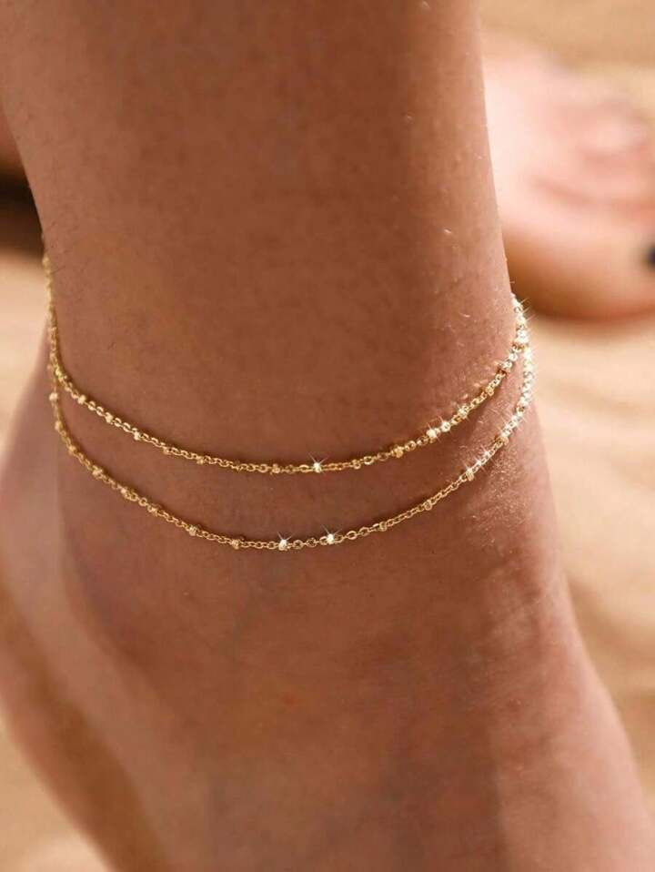 Minimalist Double-Layer Anklet With Beads, Fashionable Versatile Sexy Party Beach Holiday Casual Wear, Ideal Gift | SHEIN