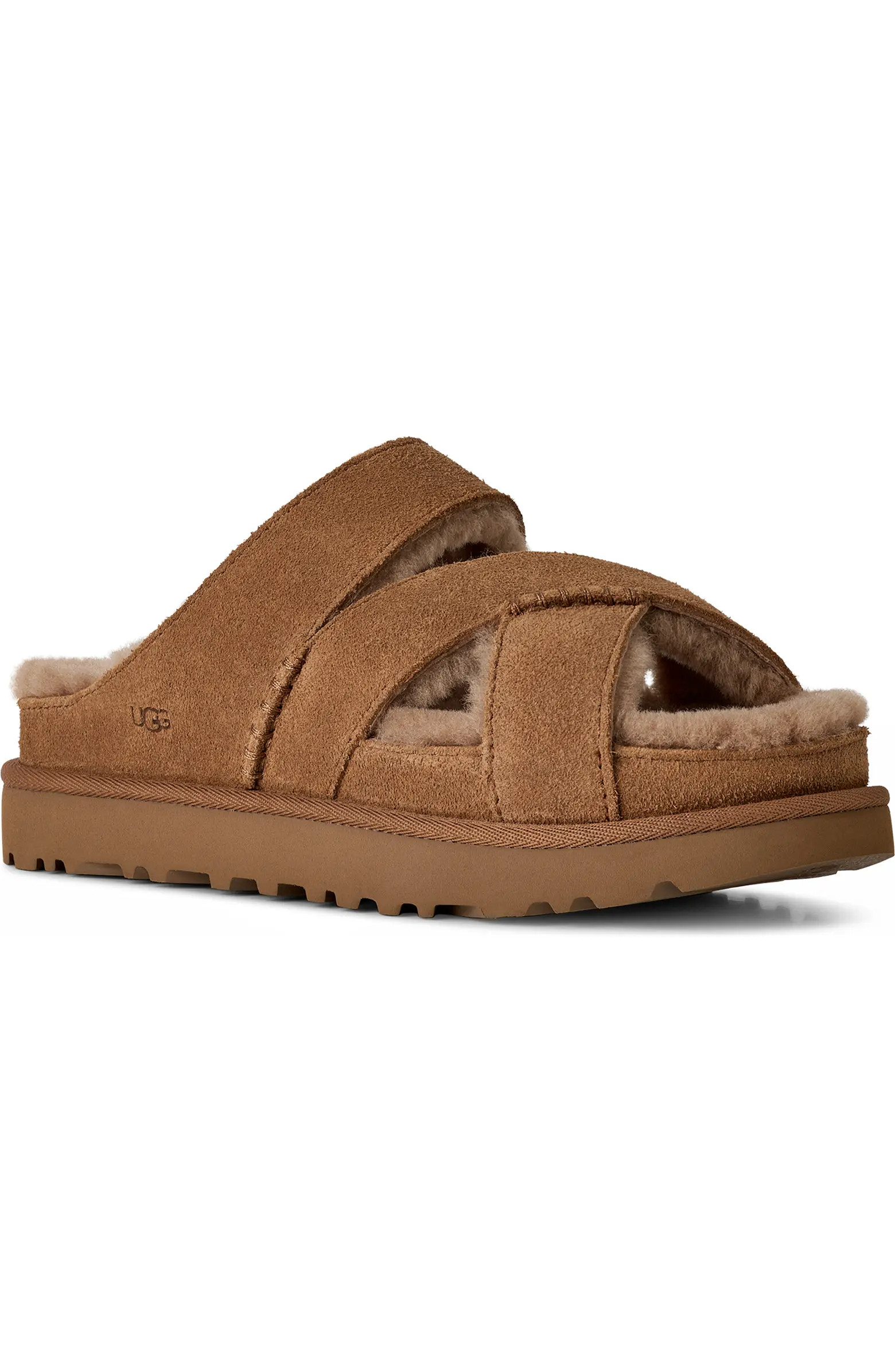 Greenport Genuine Shearling Lined Cross Strap Slide Sandal (Women) | Nordstrom