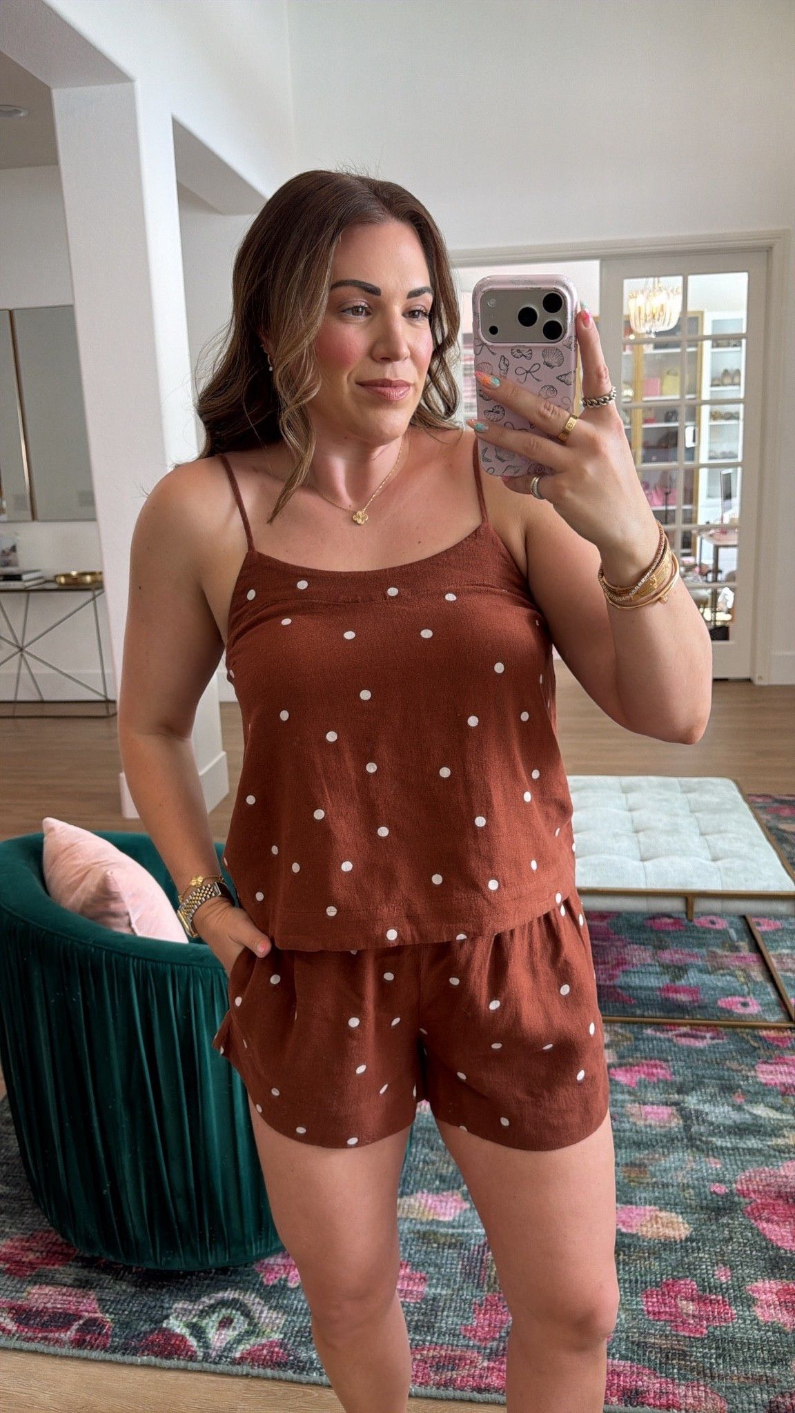 curvy midsize summer outfit! wearing size medium in linen brown polka dot cami top and pull-on shorts 🤎

#LTKSeasonal #LTKMidsize #LTKTravel
