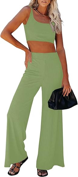 Womens 2 Piece Set Ribbed Knit Outfits Loungewear Crop Top Wide Leg Hight Waist Pants | Amazon (US)