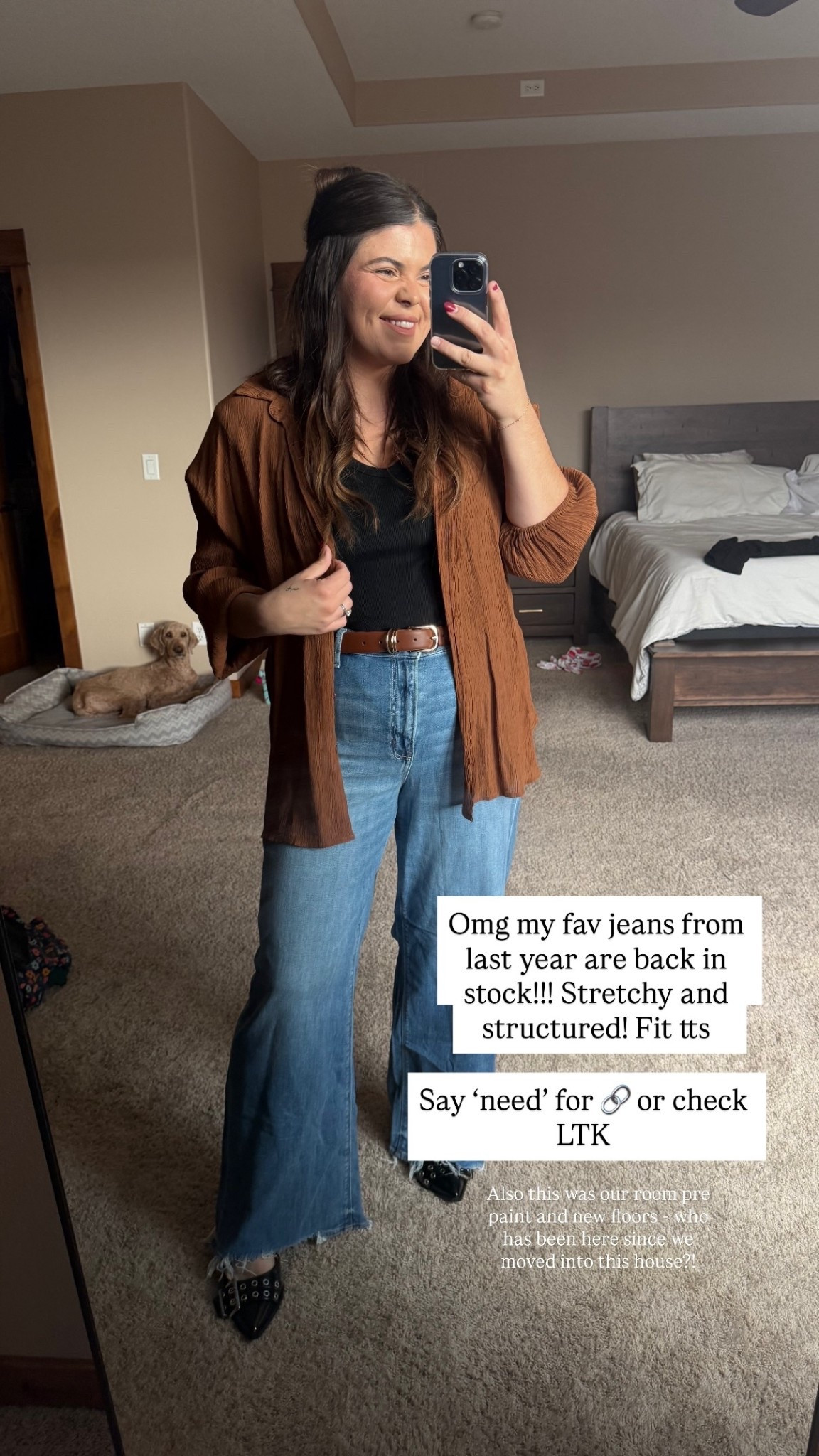 Omg my fav jeans from last year are back in stock!!! Stretchy and structured! Fit tts  Say ‘need’ for 🔗 or check LTK  Also this was our room pre paint and new floors - who has been here since we moved into this house?! @americaneagle