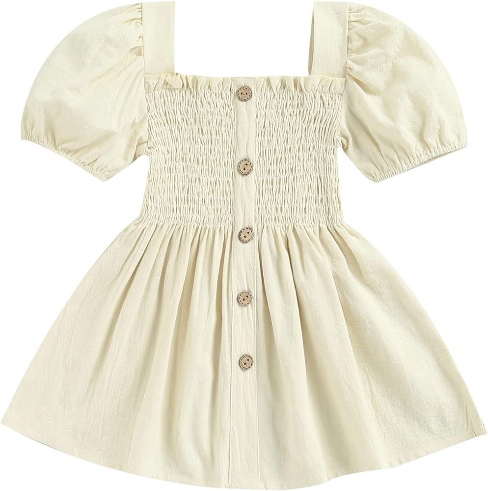 GOOCHEER Little Toddler Baby Girl Cotton Linen Square Neck Puff Short Sleeve Dresses Summer Princ... | Amazon (US)