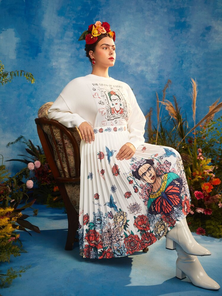 Frida Kahlo X SHEIN Plus Figure and Floral Print Pleated Skirt | SHEIN
