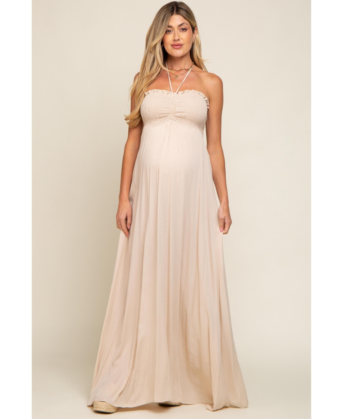 Pinkblush Maternity Beige Smocked Halter Maxi Dress - Beige | Macy's