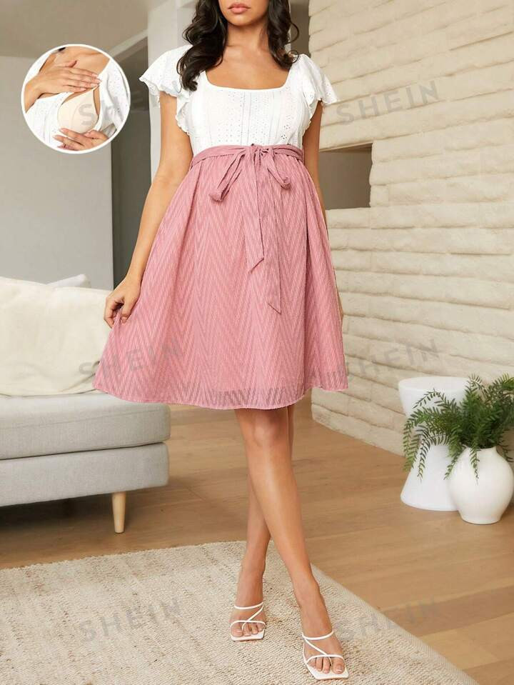 SHEIN Maternity Eyelet Embroidery Patchwork Jacquard Belt Nursing Dress | SHEIN