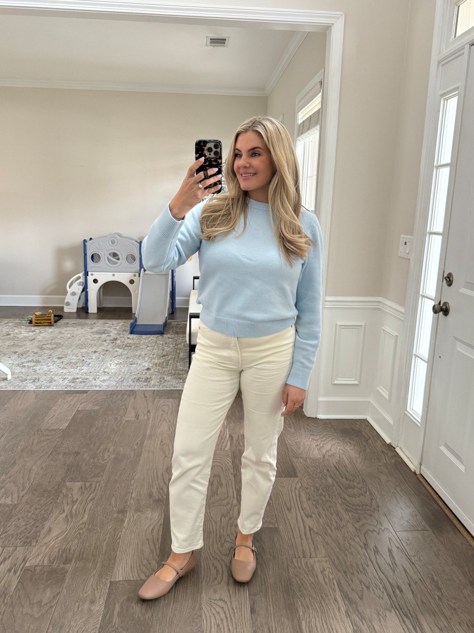Spring outfit, baby blue sweater, ivory jeans, ballet flats. Mary Jane’s 



#LTKdayinmylife #LTKWorkwear #LTKSaleAlert