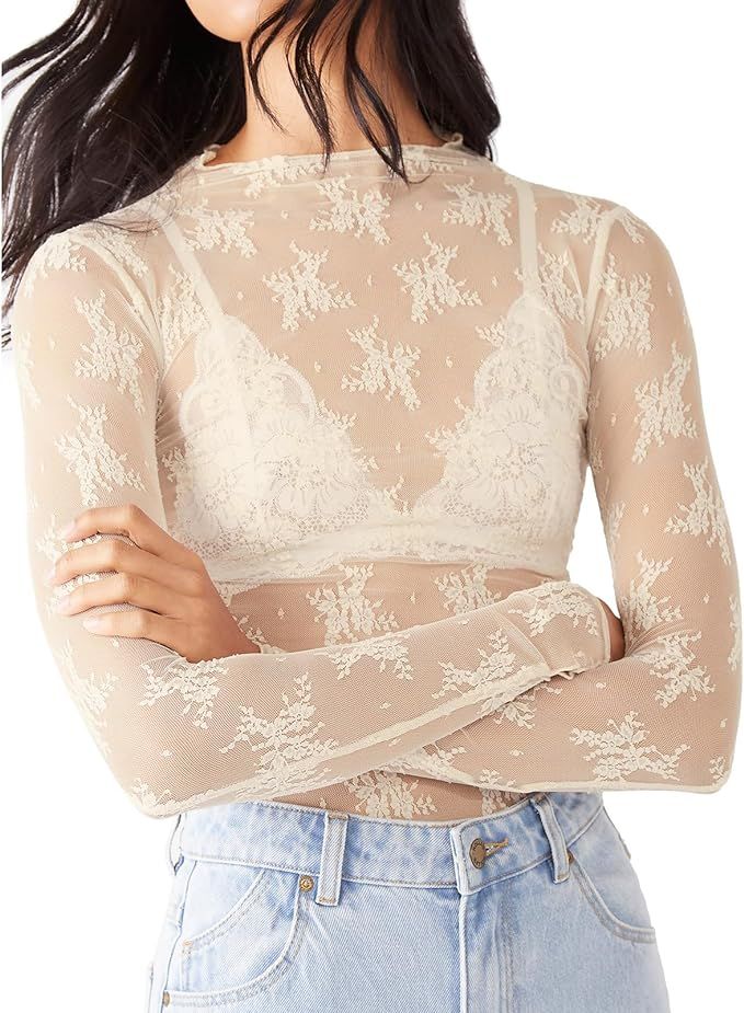 Sheer Mesh Long Sleeve Layering Top for Women Mock Neck Floral Lace Tshirt See Through Tee Shirt ... | Amazon (US)