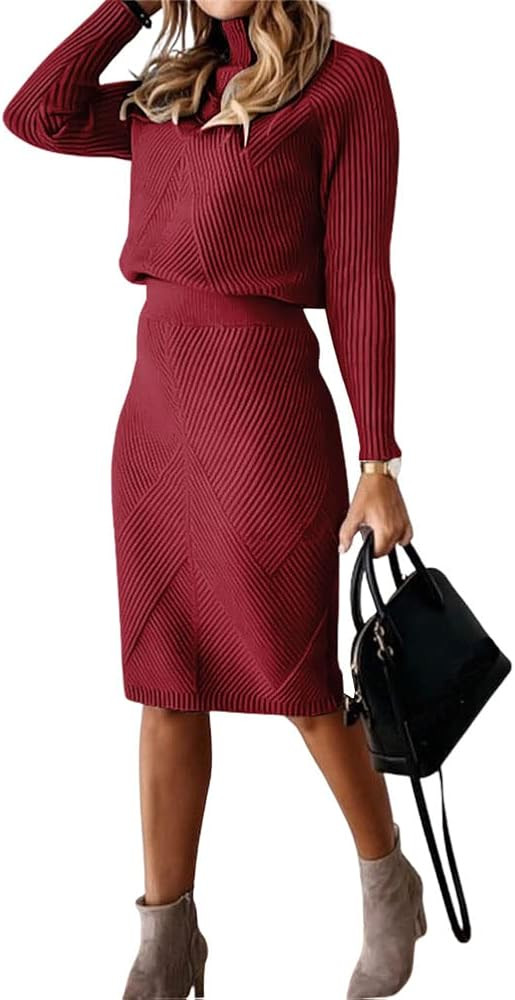 chouyatou Women's Casual 2 Piece Outfits Turtleneck Cable Knit Sweater and Bodycon Skirt Sets | Amazon (CA)