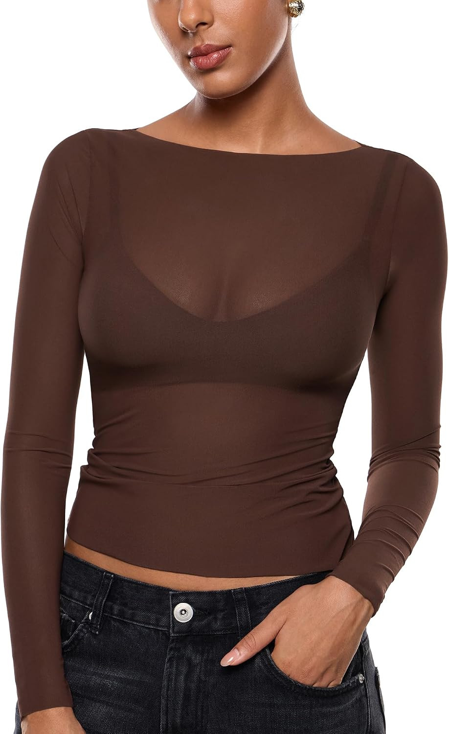 INLYRIC Women's Mesh Sheer Boat Neck Long Sleeve Tops | Amazon (US)