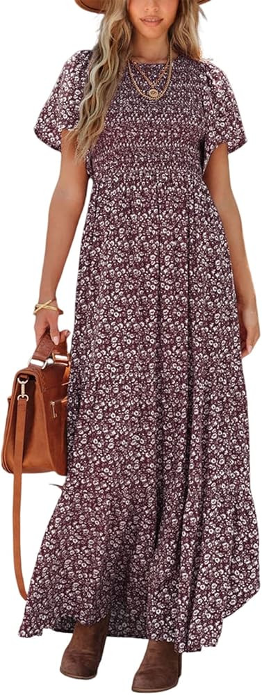 PRETTYGARDEN Women's Summer Casual Flutter Short Sleeve Boho Floral Maxi Dress Crew Neck Smocked ... | Amazon (US)
