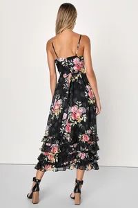 Elegant Radiance Black Floral Print Ruffled Bustier Midi Dress | Lulus (US)