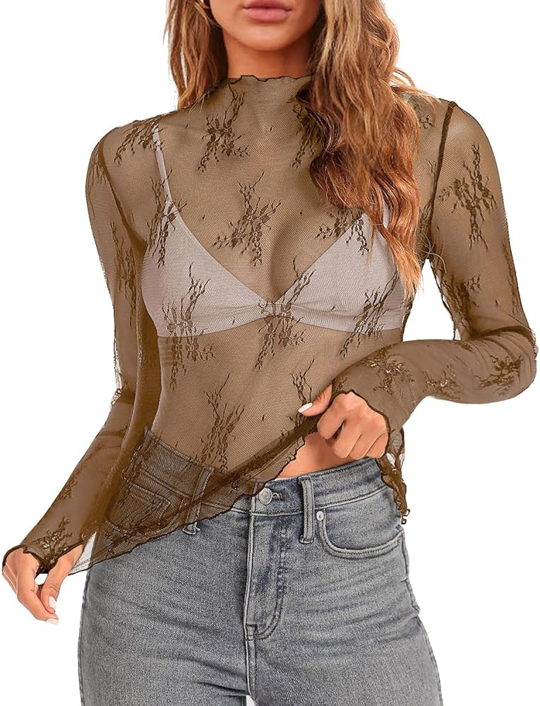 Women's Long Sleeve Mesh Tops Mock Neck Sheer Blouses See Through Floral Lace Tops S-XXL | Amazon (US)