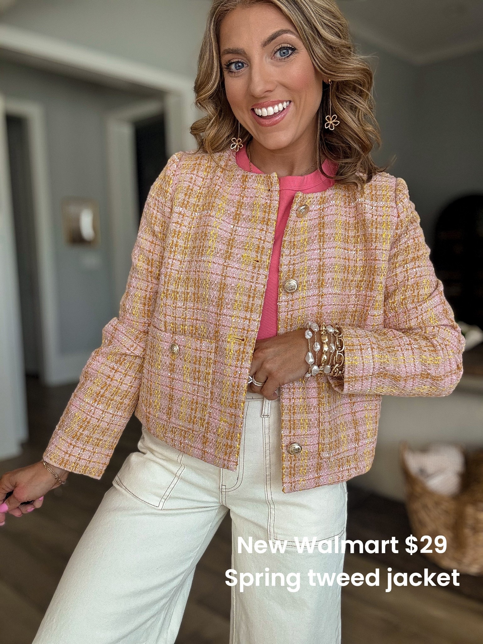 This $29 Walmart tweed lady jacket is giving designer vibes without the designer price 💕✨

The prettiest pink + yellow tweed with gold button details and a structured, classic silhouette. It instantly elevates a simple tee and denim (or these cream pants!) and makes the whole outfit feel polished and put together.

I love that it’s lightweight enough for spring but structured enough to layer for work, church, brunch, meetings, or date night. Truly one of those affordable statement pieces that looks SO much more expensive than $29 🙌🏼

Walmart fashion keeps surprising me with these chic, timeless staples. If you love classic, feminine style with a modern twist… this one is so good.

#WalmartFashion #WalmartFinds #TweedJacket #LadyJacket #AffordableFashion #SpringStyle #ChicStyle #ClassicStyle #WomensFashion #BudgetFashion #WorkwearStyle

#LTKPetite #LTKootd