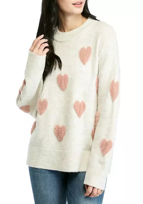 Women's Drop Shoulder Allover Fuzzy Heart Sweater | Belk