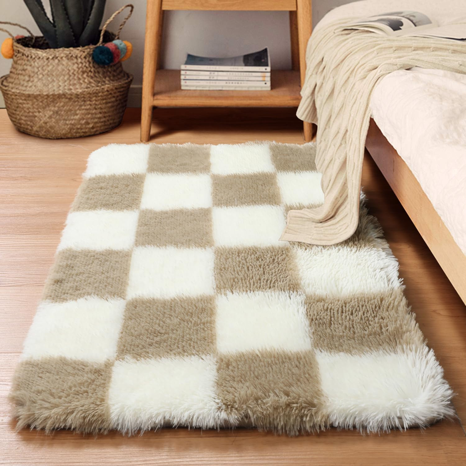 KICMOR Small Beige and Cream White Area Rugs for Bedroom, 2x3 Fluffy Fuzzy Plush Shaggy Checkered... | Amazon (US)
