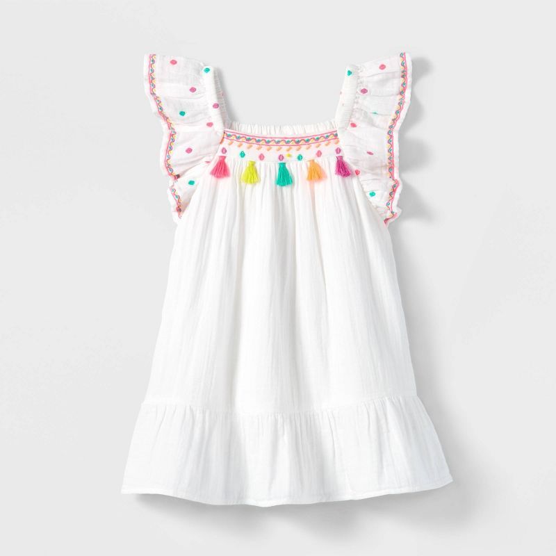 Toddler Girls&#39; Embroidered Pom Ruffle Sleeve Dress - Cat &#38; Jack&#8482; White 3T | Target
