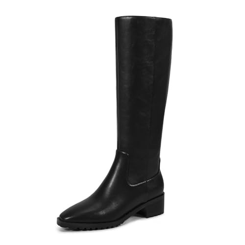 ISNOM Black Knee High Boots for Women Flat Long Boots for Women Chunky Low Heel Square Toe Boots Side Zipper Leather Fashion Comfortable Fall Tall Boot | Amazon (US)