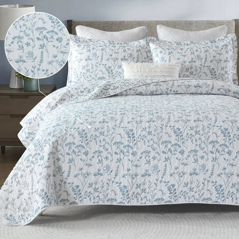 Bedduvit Queen Size Quilt Sets - 100% Cotton Blue & White Spring Floral Reversible Classicl Count... | Walmart (US)
