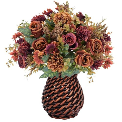 GTIDEA Fall Flower Arrangements with Vase Fall Artificial Flowers Fake Rose Flowers in Vase Silk Floral Arrangement Orange Autumn Flowers for Home Table Desktop Fireplace Decor (12.5") | Amazon (US)