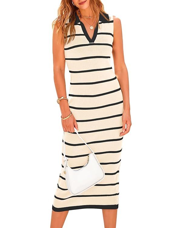 PRETTYGARDEN Women's Summer Dresses 2024 Collar V Neck Sleeveless Midi Dress Causal Stripes Ribbe... | Amazon (US)