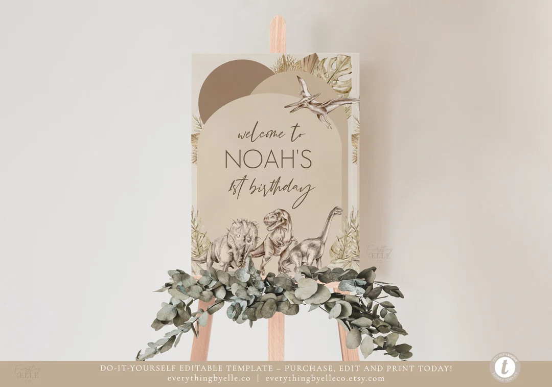 Dinosaur Birthday Welcome Sign Editable Boho Neutral Dinosaur - Etsy | Etsy (US)