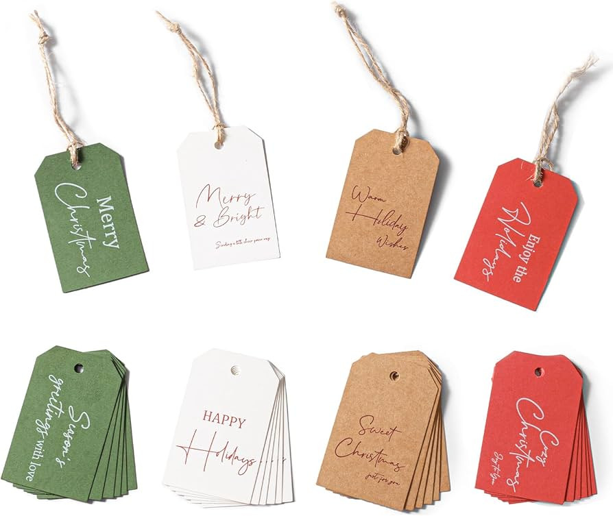 C2U Christmas Gift Tags – 48 Pack Holiday Present Tags with Jute Twine – 8 Festive Designs Bl... | Amazon (US)