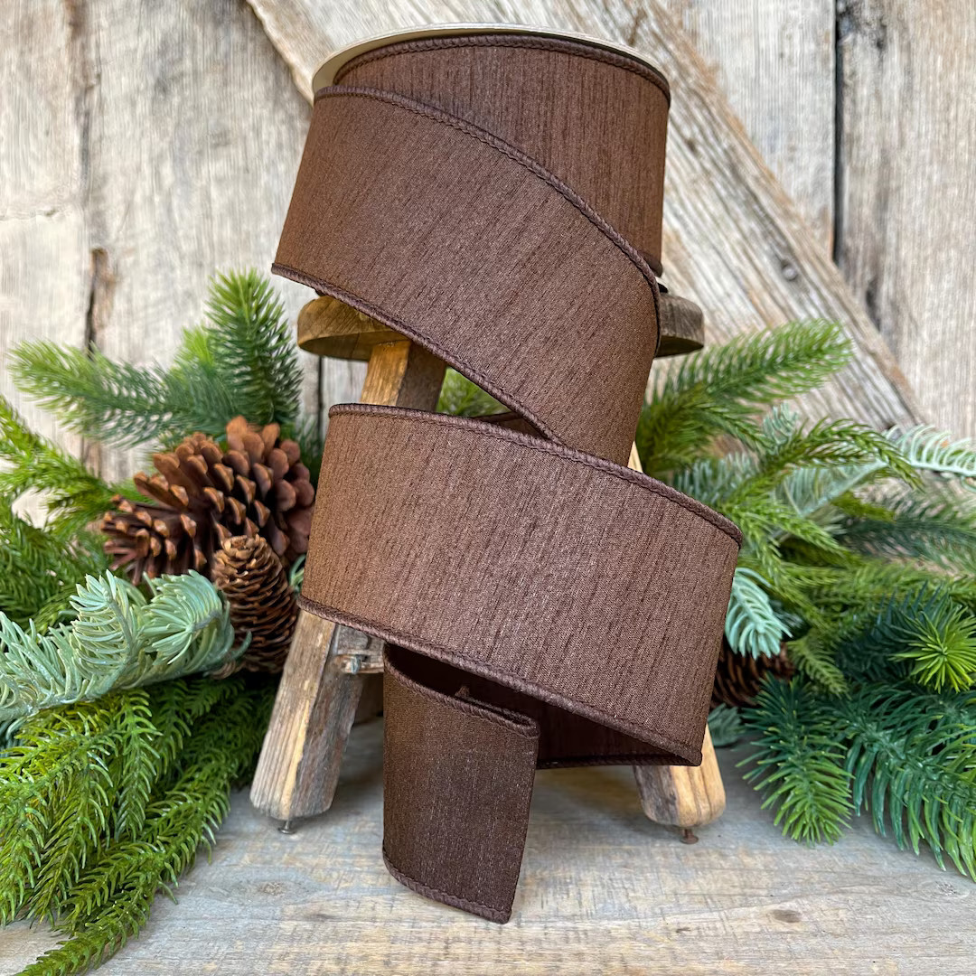 2.5” Chocolote Brown Dupioni Ribbon, Fall Ribbon, Christmas Ribbon, Woodsy Colored Ribbon, Wire... | Etsy (US)