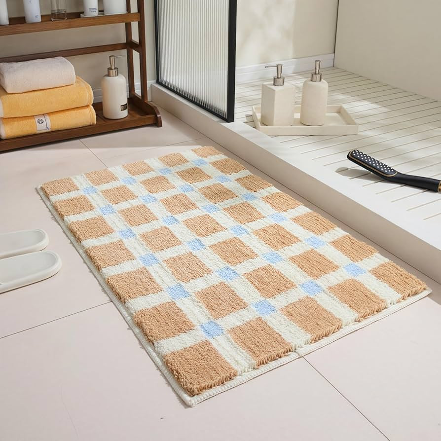 GIB Tan Brown Checkered Bathroom Rug Mat 24" x 16", Blue Accent, Extra Soft Absorbent Non-Slip Wa... | Amazon (US)