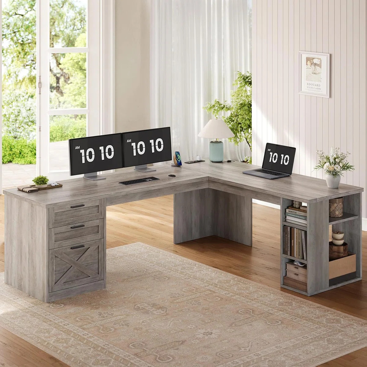 67" Farmhouse L Shaped Desk With 3 Drawers, Executive Desk | Wayfair North America