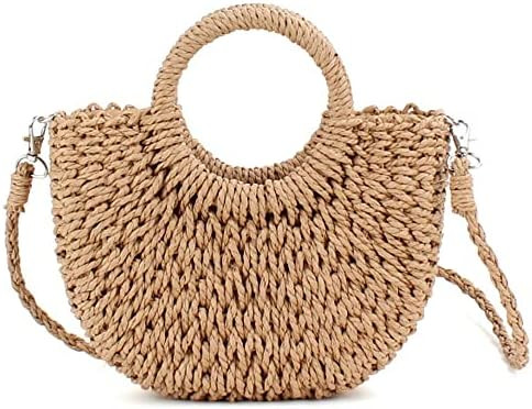 Mini Semi-circle Rattan Straw Bag, Hand-woven Women Summer Retro Beach Tote Shoulder Bag Crossbod... | Amazon (US)