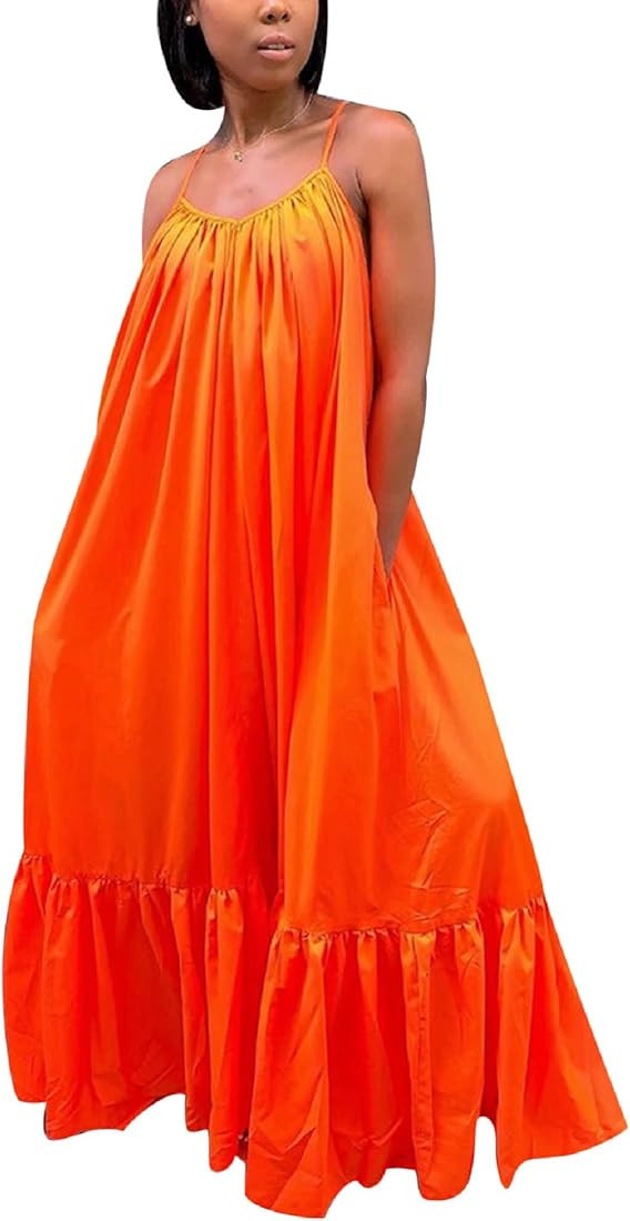 Adogirl Women's Sexy Spaghetti Strap Sleeveless Ruched Ruffle Hem Bandage Oversized Beach Loose L... | Amazon (US)