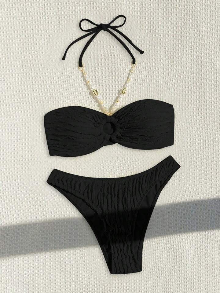 SHEIN Swim Women Summer Vacation Beach Faux Pearl Halter Bikini Set | SHEIN