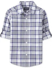 Boys Long Roll Up Sleeve Plaid Poplin Button Down Shirt | The Children's Place | The Children's Place