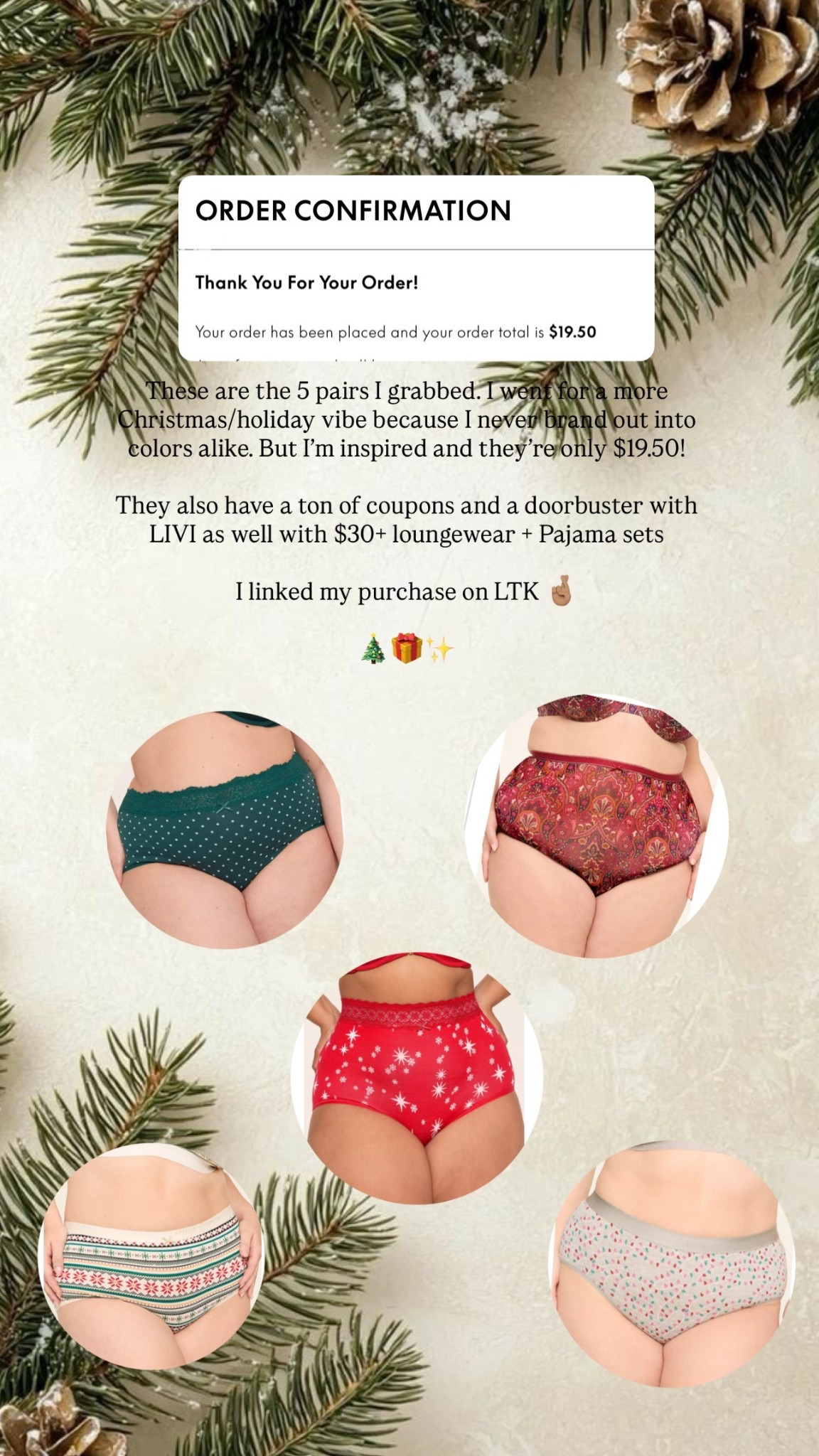 These are the 5 pairs I grabbed. I went for a more Christmas/holiday vibe because I never brand out into colors alike. But I’m inspired and they’re only $19.50!

They also have a ton of coupons and a doorbuster with LIVI as well with $30+ loungewear + Pajama sets 

I linked my purchase on LTK 🤞🏽

🎄🎁✨

#lanebryant #panties #sale #plussize #curvy #curves #bras #cacique #doorbuster 

#LTKHoliday #LTKPlusSize #LTKSaleAlert