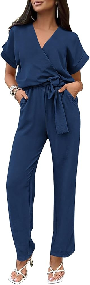PRETTYGARDEN Women's One Piece Jumpsuits Dressy Casual Summer Short Sleeve Wrap V Neck Belted Wid... | Amazon (US)