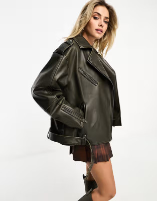 Pull&Bear oversized aviator faux leather jacket in vintage brown | ASOS (Global)