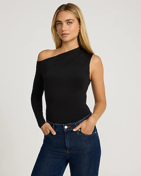 Body Contour Compression Ruched One Shoulder Long Sleeve Bodysuit | Express