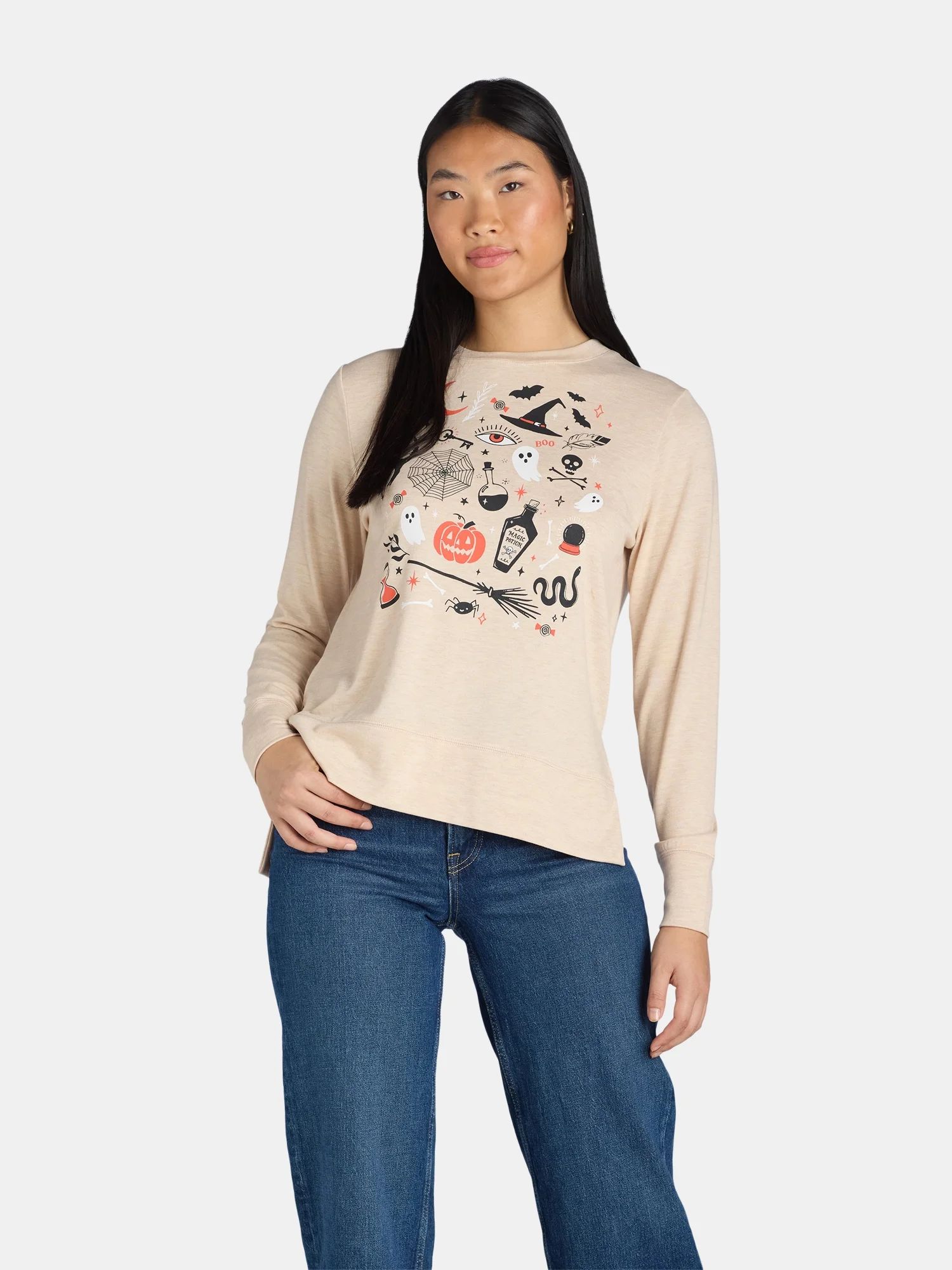 Positivitees Women’s Halloween Hacci Knit Sweatshirt with Long Sleeves, Sizes S-XXXL | Walmart (US)