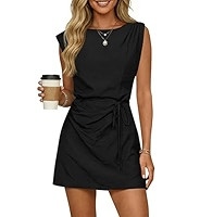Wenrine Womens 2026 Summer Mini Dress Casual Sleeveless Tie Waist Loose Ruched Beach Vacation Sho... | Amazon (US)