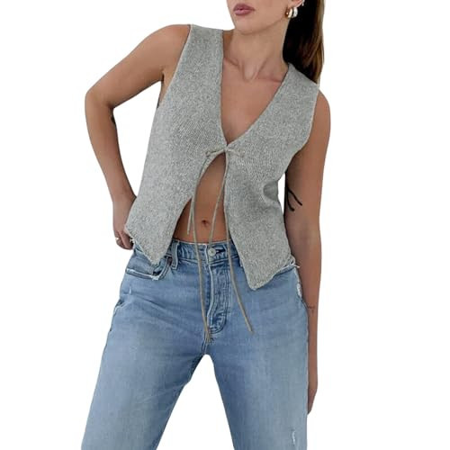 Women Tie Front Crochet Sweater Vest Top Y2k Sleeveless Knit V Neck Tops Casual Vintage Going Out Tops Streetwear (Gray, S) | Amazon (US)