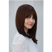 Brunette Human Hair Wig Straight Long Bob Cut Natural Brown With Bangs Real | Etsy (US)