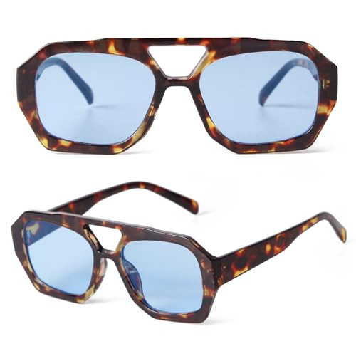 SDINM Trendy Blue Aviator Sunglasses for Women Fashion Designer Square Thick Frame Tinted Lens Sun Glasses Shades | Amazon (US)