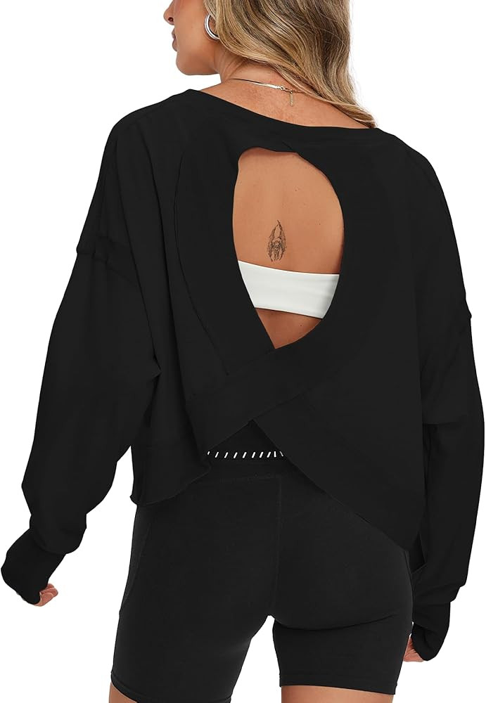 Darong Women's Open Back Workout Top Oversized Athletic Shirt Long Sleeve Crop Top with Thumb Hol... | Amazon (US)