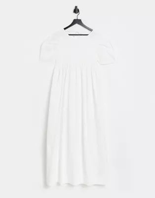 Ghospell maxi smock dress with volume sleeves and tie back detail in white | ASOS (Global)